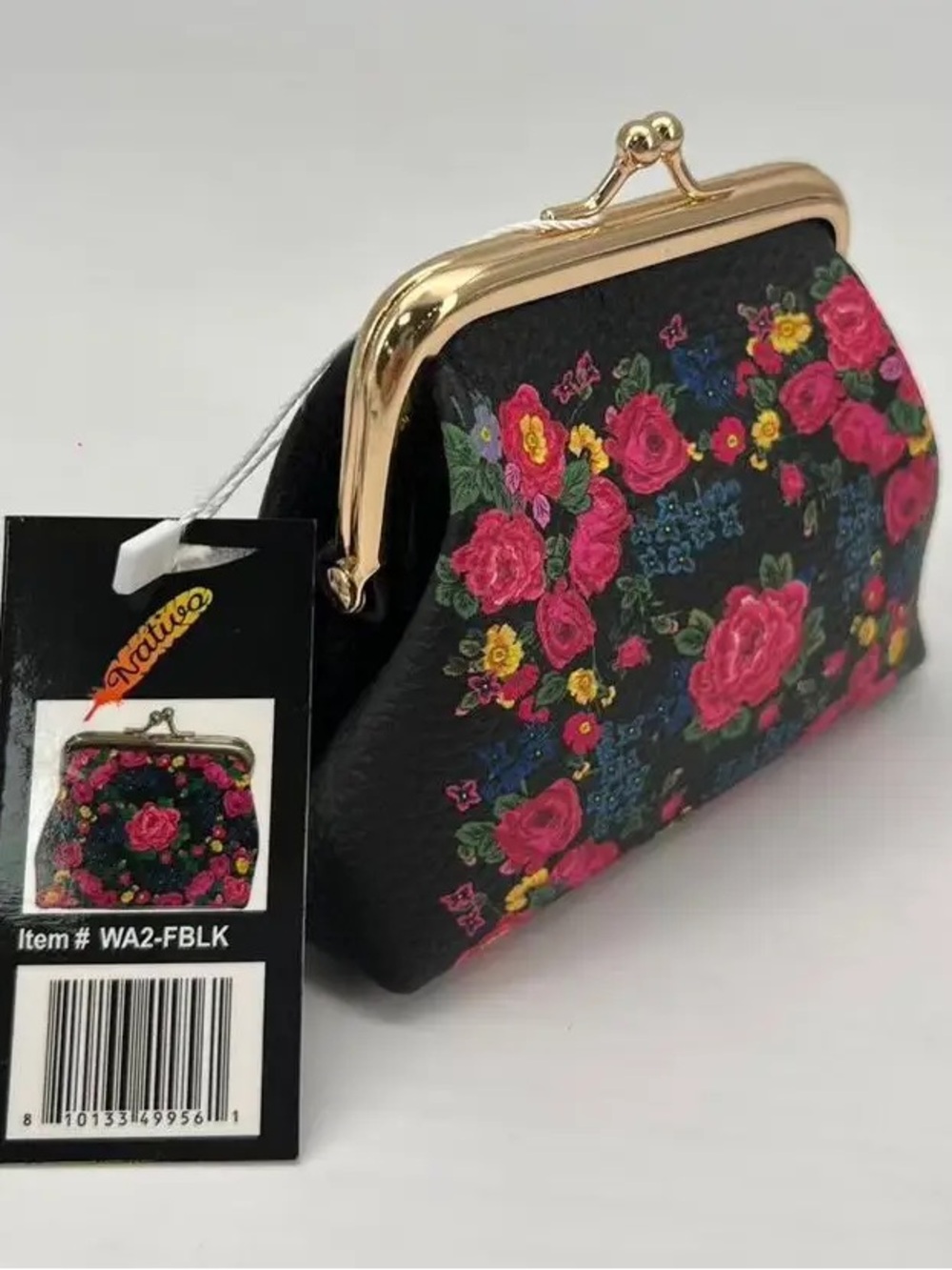 Nativo Floral Kiss-Lock Coin Purse / Black With Floral Print / WA2-FBLK / NEW
